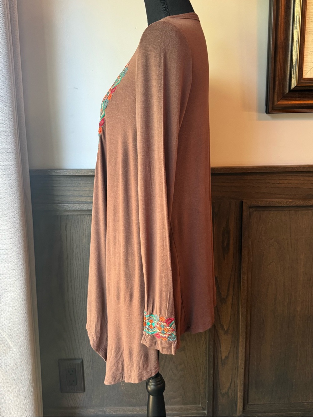 Stetson Brown Open-Front Cardigan with Turquoise & Orange Embroidery - Picture 3 of 8